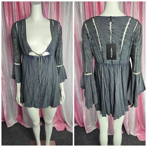 Pretty Little Thing Gray Tie Front Frill Sleeve Beach Dress Size Small